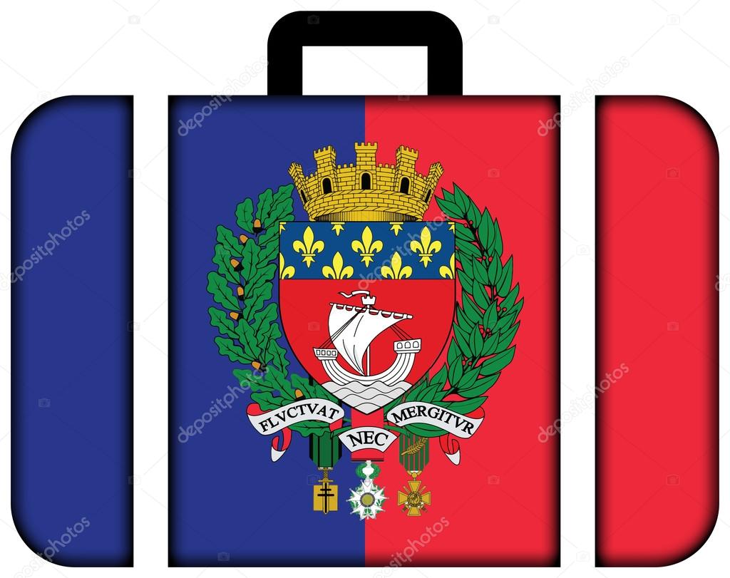 Flag of Paris with Coat of Arms, France. Suitcase icon