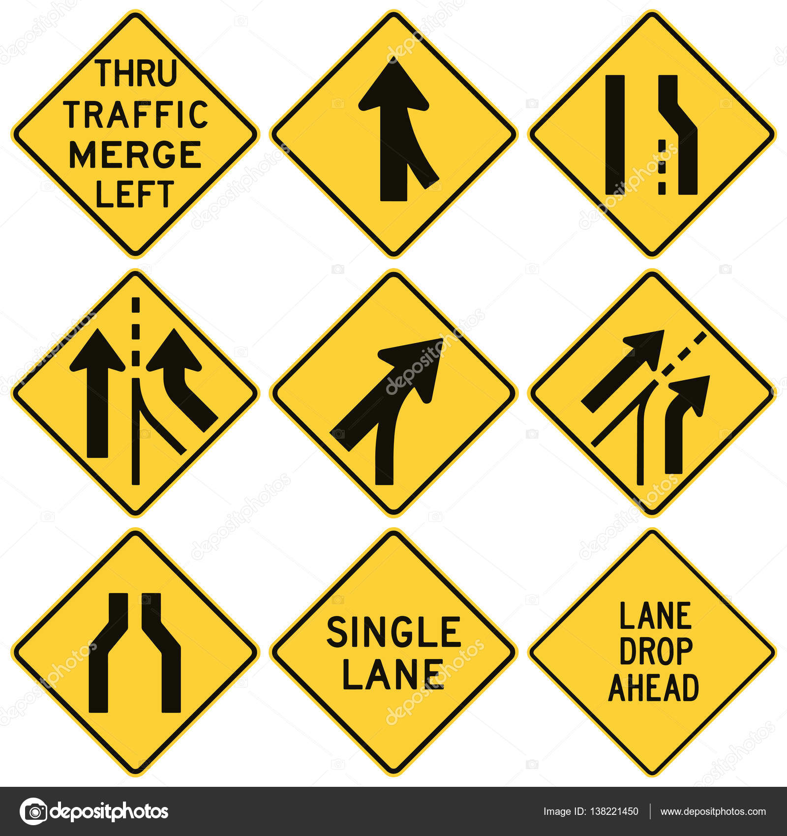 Road signs in the United States. W4 Series: Lanes and Merges. Ve Stock ...
