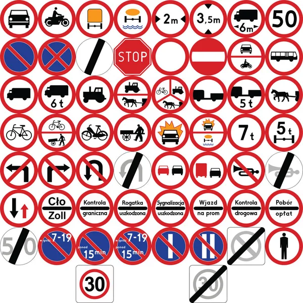 Sinais rodoviários na Polónia. Sinais proibitivos. Formato vetorial —  Vetores de Stock