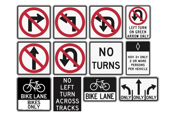 Дорожні знаки в Сполучених Штатах. R3 Серія: провулок використання і повороти — стоковий вектор