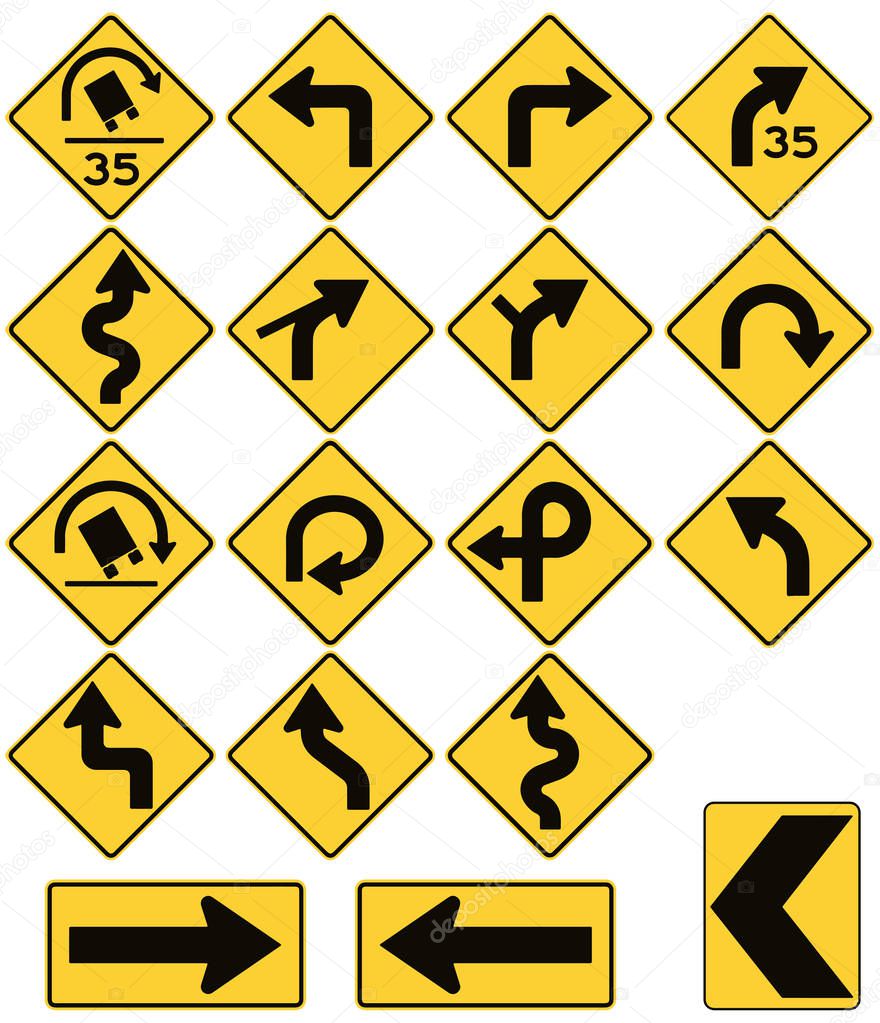 Road signs in the United States. W1 Series: Curves and Turns. Ve