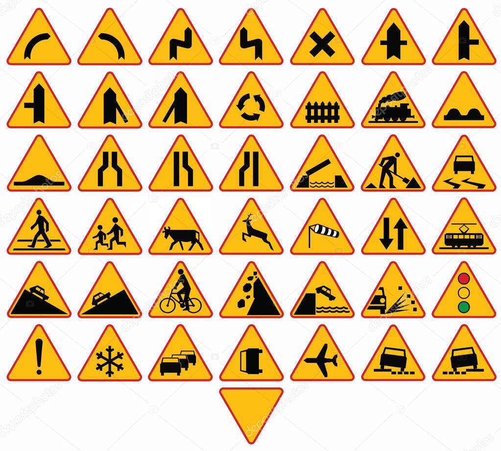 Road signs in Poland. Warning signs. Vector Format