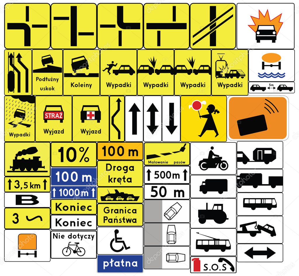 Road signs in Poland. Complementary plates. Vector Format