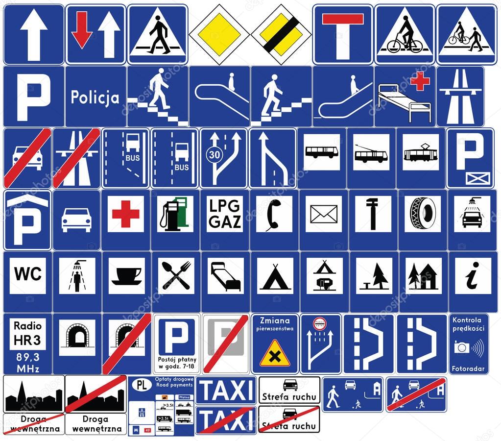 Road signs in Poland. Informational signs. Vector Format