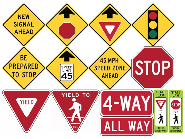 Дорожні знаки в Сполучених Штатах. Заздалегідь управління рухом, зупинки і прибутковість — стоковий вектор