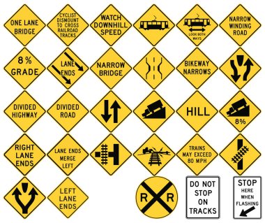 Amerika Birleşik Devletleri'nde yol işaretleri. Yol genişliği kısıtlamaları, bölünmüş Karayolları, tepeler ve notlar, Lane geçişler, demiryolu ve hafif raylı sistem.