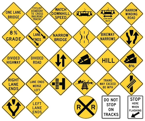 Дорожные знаки в США. Ограничения по ширине дороги, разделенные дороги, холмы и сорта, переходы по полосе движения, рельсы и легкие рельсы . — стоковый вектор