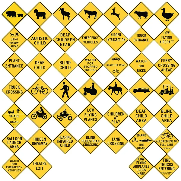 Дорожные знаки в США. Предупреждения и переходы . — стоковый вектор