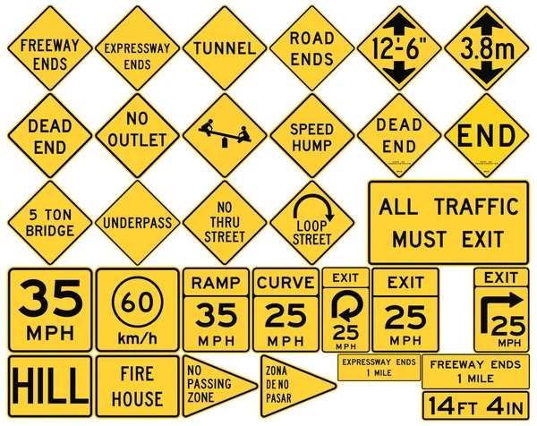 Panneaux routiers aux États-Unis. Faibles franchissements, vitesses consultatives — Image vectorielle