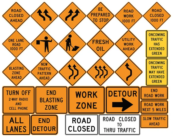 Дорожні знаки в Сполучених Штатах. Робота зон, барикади, дорожніх робіт — стоковий вектор