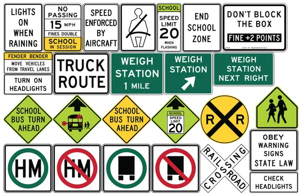 Señales de tráfico en los Estados Unidos. Estaciones de pesaje, rutas de camiones — Vector de stock