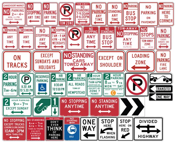 Panneaux routiers aux États-Unis. Aller simple et autoroute divisée, Parking — Image vectorielle