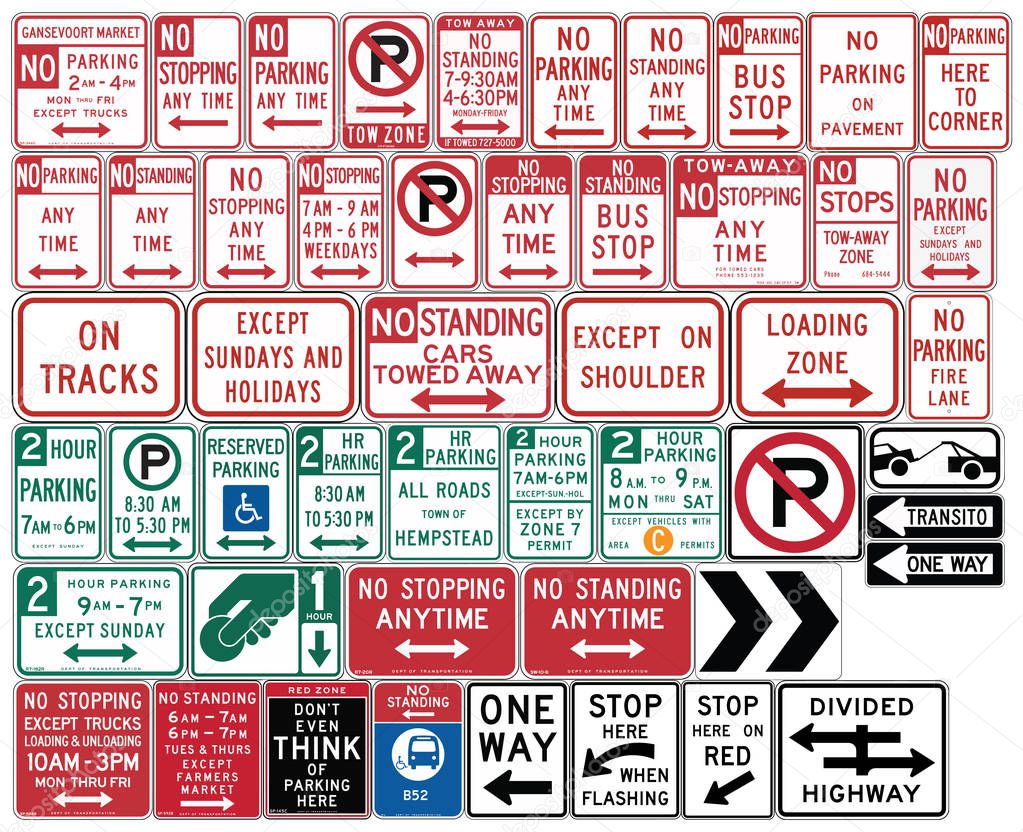 Road signs in the United States. One Way and Divided Highway, Parking