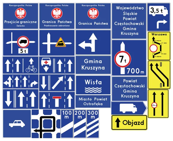 Útjelző táblák, Lengyelország. Kiegészítő jelek. Vektoros formátumban — Stock Vector