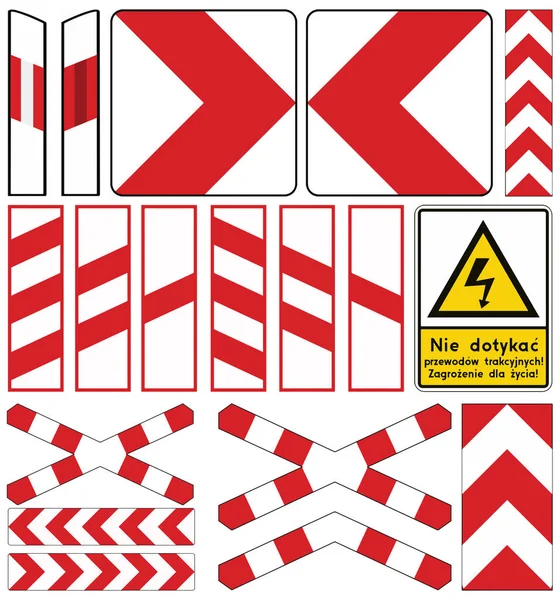 Znaki drogowe w Polsce. Przejazd kolejowy i inne objawy. — Wektor stockowy