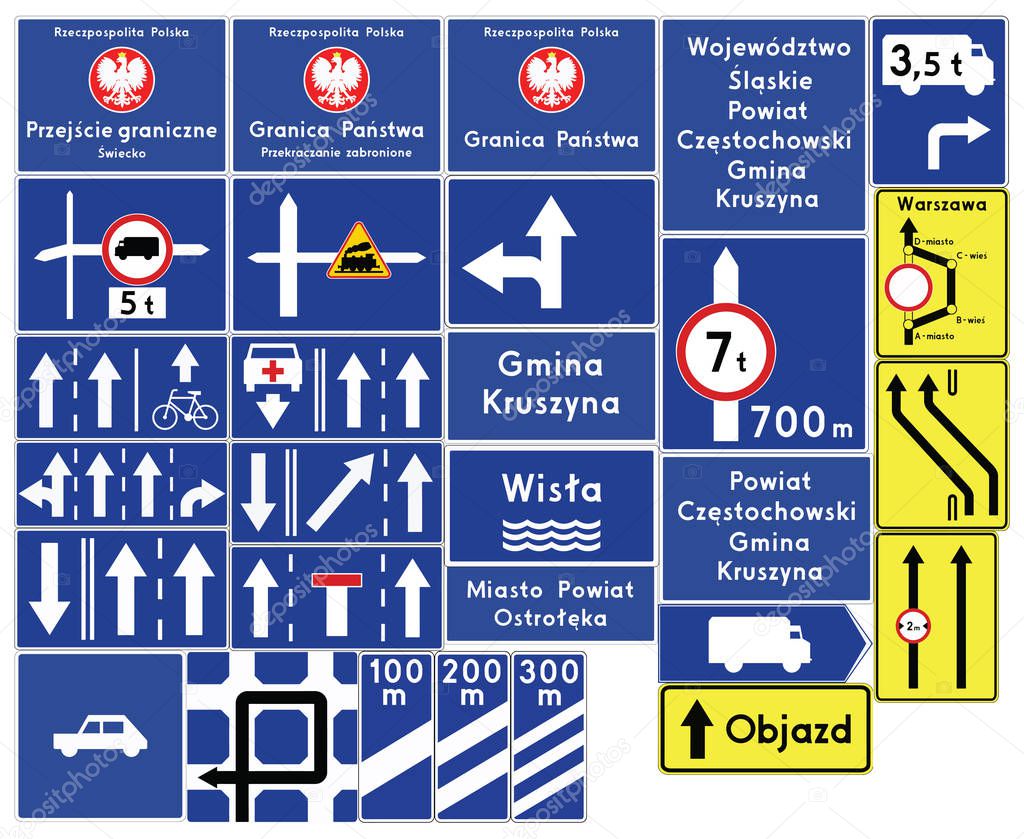 Road signs in Poland. Complementary signs. Vector Format