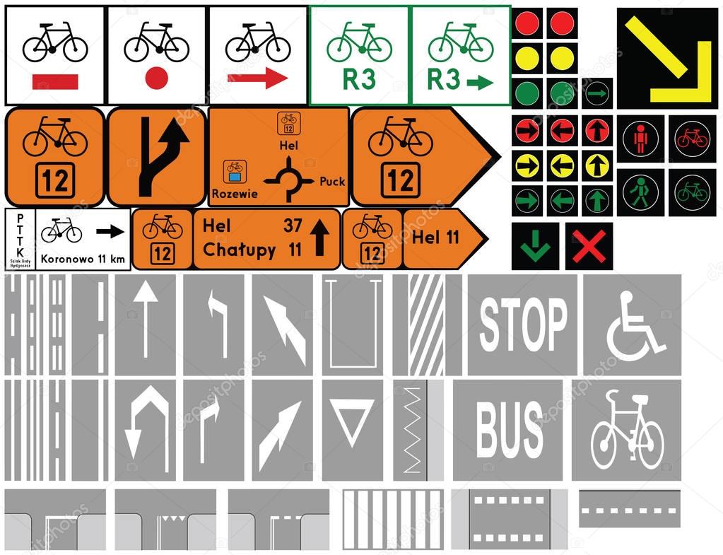 Road signs in Poland. Cycleway signs, Traffic signals, Road markings