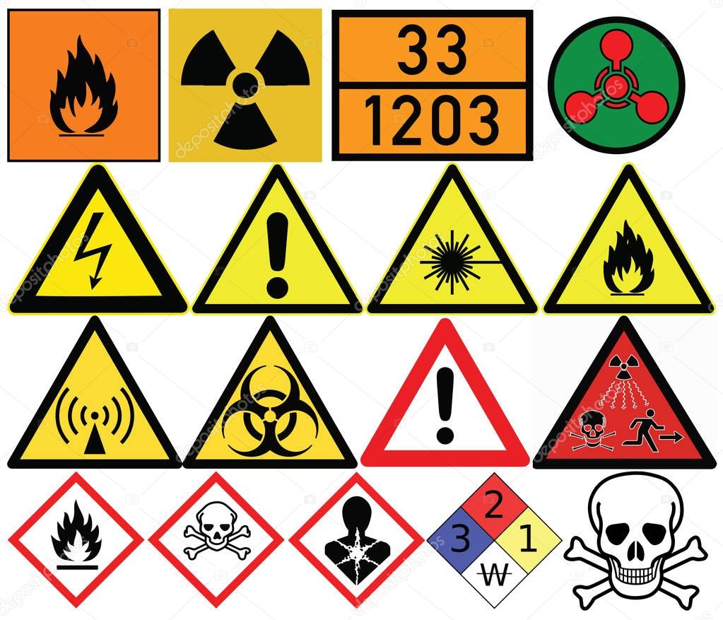 Hazard symbols. Generic caution, Poison, Radiation, Biological hazard