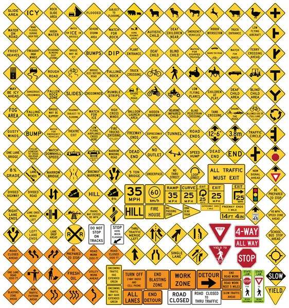 Todas las señales de tráfico importantes. Serie de señales de advertencia en formato vectorial . — Vector de stock