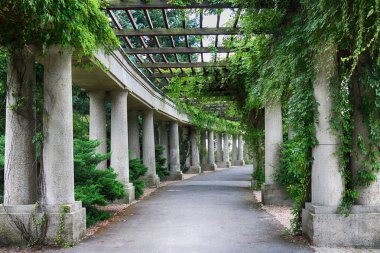 Wroclaw, Polonya - 04 Ağustos 2017: Pergola, yarı bir elips şeklinde 1913 yılında Centennial salonu sergi alanlarına ayrılmaz bir parçası olarak inşa bir 640 metre uzun yapısı.