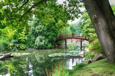 Wroclaw, Polonya - 04 Ağustos 2017: Japon bahçe tarihsel Pergola ve Centennial salonu çevresinde yer almaktadır. Bir kaç iz Dünya Fuarı'nda 1913 sonra temsil ettiği.