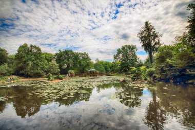 Wroclaw, Polonya - 04 Ağustos 2017: Japon bahçe tarihsel Pergola ve Centennial salonu çevresinde yer almaktadır. Bir kaç iz Dünya Fuarı'nda 1913 sonra temsil ettiği.