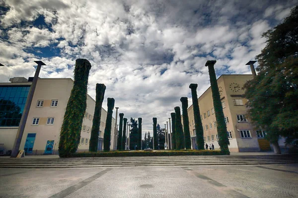 Βρότσλαβ, Πολωνία - 04 Αυγούστου 2017: Centennial Hall περιπάτου, όπως ο κισσός που καλύπτονται στήλες που οδηγεί η επιβλητική μνημείο Iglica και με μονολιθική Centennial Hall πίσω από το. — Φωτογραφία Αρχείου