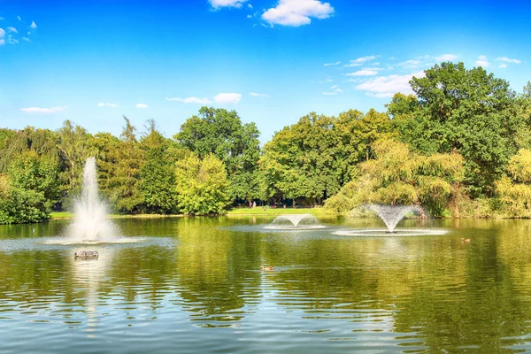 WROCLAW, POLONIA - 07 de agosto de 2017: South Park en Wroclaw fue construido de la nada en el sur de la ciudad en 1877. Hugo Richter y Ferdinand Cohn habían creado un parque con prados y un gran estanque . — Foto de Stock