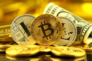 Bitcoin ve Litecoin (sanal para) ve bir dolarlık banknot fiziksel sürümü. Bir dolar için Exchange bitcoin. Dünya çapında cryptocurrency ve dijital ödeme sistemi için kavramsal görüntü.