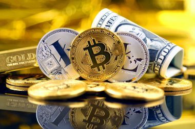 Bitcoin ve Litecoin (sanal para) ve bir dolarlık banknot fiziksel sürümü. Bir dolar için Exchange bitcoin. Dünya çapında cryptocurrency ve dijital ödeme sistemi için kavramsal görüntü.