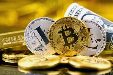 Bitcoin ve Litecoin (sanal para) ve bir dolarlık banknot fiziksel sürümü. Bir dolar için Exchange bitcoin. Dünya çapında cryptocurrency ve dijital ödeme sistemi için kavramsal görüntü.