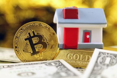 Cryptocurrency (sanal para), altın, gayrimenkul ve dolar yatırımcılar için kavramsal görüntü.