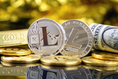 Litecoin (sanal para) ve bir dolarlık banknot fiziksel sürümü. Bir dolar için Exchange Litecoin. Dünya çapında cryptocurrency ve dijital ödeme sistemi için kavramsal görüntü.