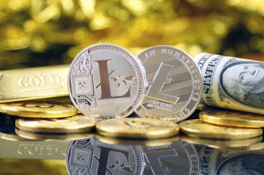Litecoin (sanal para) ve bir dolarlık banknot fiziksel sürümü. Bir dolar için Exchange Litecoin. Dünya çapında cryptocurrency ve dijital ödeme sistemi için kavramsal görüntü.