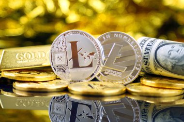 Litecoin (sanal para) ve bir dolarlık banknot fiziksel sürümü. Bir dolar için Exchange Litecoin. Dünya çapında cryptocurrency ve dijital ödeme sistemi için kavramsal görüntü.