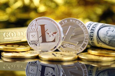 Litecoin (sanal para) ve bir dolarlık banknot fiziksel sürümü. Bir dolar için Exchange Litecoin. Dünya çapında cryptocurrency ve dijital ödeme sistemi için kavramsal görüntü.