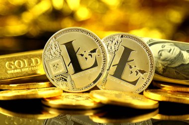 Litecoin (sanal para) ve bir dolarlık banknot fiziksel sürümü. Bir dolar için Exchange Litecoin. Dünya çapında cryptocurrency ve dijital ödeme sistemi için kavramsal görüntü.