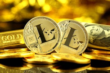 Litecoin (sanal para) ve bir dolarlık banknot fiziksel sürümü. Bir dolar için Exchange Litecoin. Dünya çapında cryptocurrency ve dijital ödeme sistemi için kavramsal görüntü.