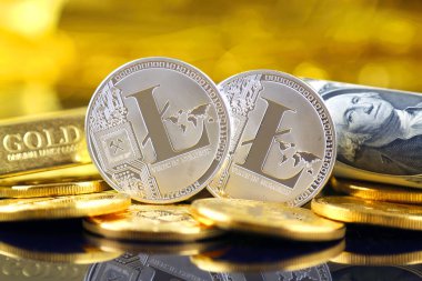 Litecoin (sanal para) ve bir dolarlık banknot fiziksel sürümü. Bir dolar için Exchange Litecoin. Dünya çapında cryptocurrency ve dijital ödeme sistemi için kavramsal görüntü.