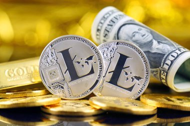 Litecoin (sanal para) ve bir dolarlık banknot fiziksel sürümü. Bir dolar için Exchange Litecoin. Dünya çapında cryptocurrency ve dijital ödeme sistemi için kavramsal görüntü.
