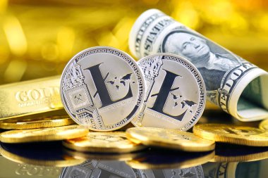 Litecoin (sanal para) ve bir dolarlık banknot fiziksel sürümü. Bir dolar için Exchange Litecoin. Dünya çapında cryptocurrency ve dijital ödeme sistemi için kavramsal görüntü.