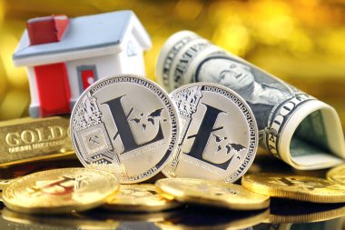 Cryptocurrency (sanal para), altın, gayrimenkul ve dolar yatırımcılar için kavramsal görüntü.