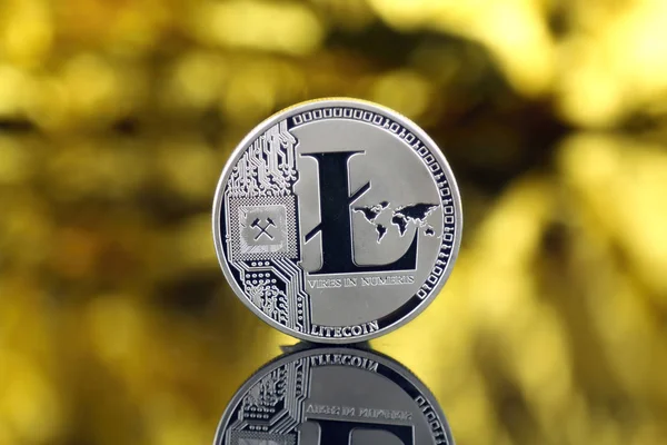 Fizyczna wersja Litecoin, nowe wirtualne pieniądze. Koncepcyjny obraz światowej kryptowaluty i cyfrowego systemu płatności zwanego pierwszą zdecentralizowaną walutą cyfrową. — Zdjęcie stockowe