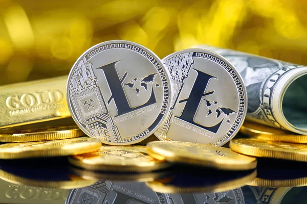 Litecoin (sanal para) ve bir dolarlık banknot fiziksel sürümü. Bir dolar için Exchange Litecoin. Dünya çapında cryptocurrency ve dijital ödeme sistemi için kavramsal görüntü.