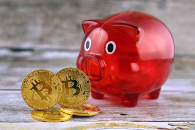 Bitcoin (sanal para) ve kumbara fiziksel sürümü. Dünya çapında cryptocurrency ve ilk olarak adlandırılan dijital ödeme sistemi için kavramsal görüntü dijital para merkezi olmayan.
