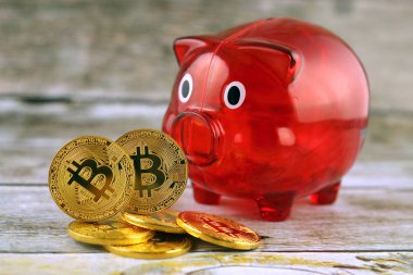 Bitcoin (sanal para) ve kumbara fiziksel sürümü. Dünya çapında cryptocurrency ve ilk olarak adlandırılan dijital ödeme sistemi için kavramsal görüntü dijital para merkezi olmayan.
