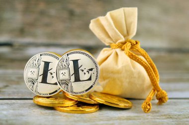 Litecoin 'in fiziksel versiyonu, yeni sanal para. Dünya çapında kripto para birimi ve dijital ödeme sistemi için kavramsal görüntü ilk merkezi olmayan dijital para birimi olarak adlandırılır..