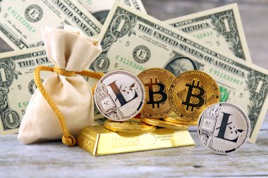 Fiziksel yorum-in Bitcoin ve Litecoin, yeni sanal para. Cryptocurrency, altın ve dolar yatırımcılar için kavramsal görüntü.