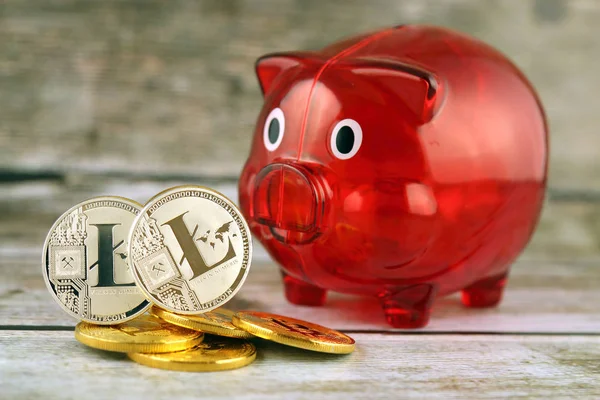 Physical version of Litecoin (new virtual money) and Piggy Bank. Conceptual image for worldwide cryptocurrency and digital payment system called the first decentralized digital currency.