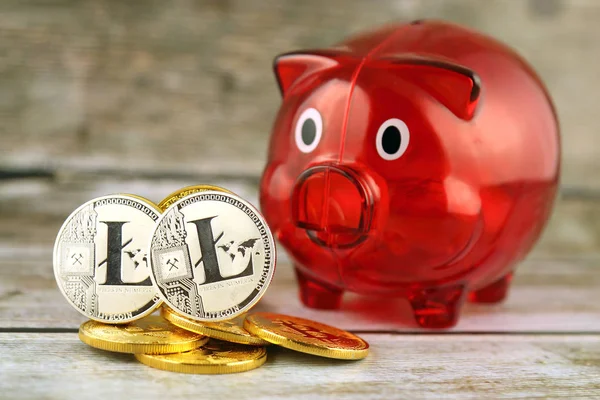 Physical version of Litecoin (new virtual money) and Piggy Bank. Conceptual image for worldwide cryptocurrency and digital payment system called the first decentralized digital currency.